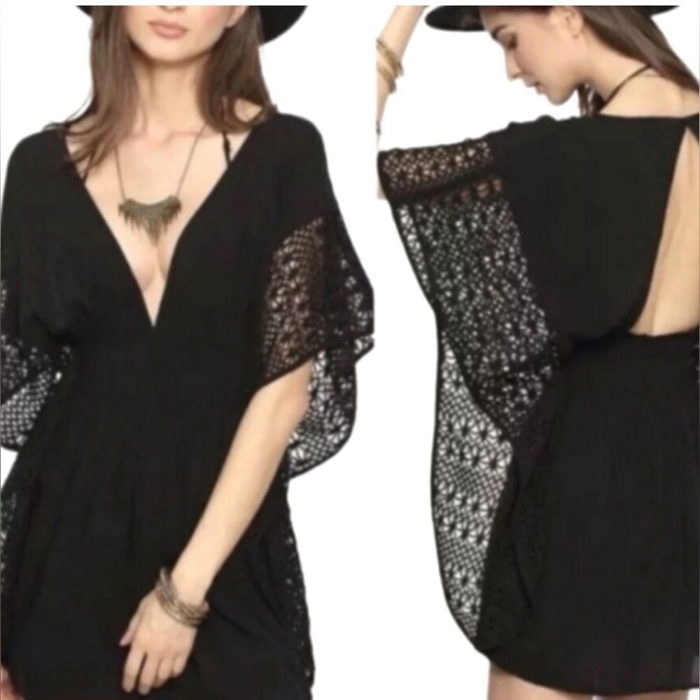 EUC Victoria’s Secret Women’s Black Deep V Neck Open Back Crochet Cover-Up - XS - Picture 2 of 8